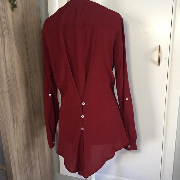 Maroon Lace Sheer Long Sleeve Blouse Button Detail - Picture 1 of 6